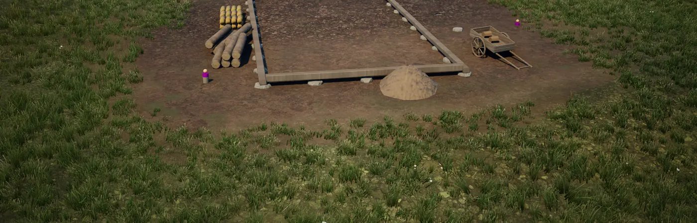 A levelled rectangle of bare earth with a timber sill laid on stones, stacked logs, a mound of earth and a cart beside it.