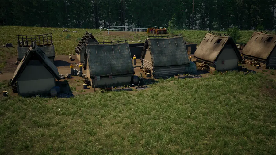 A row of small log hovels with steep thatched roofs, firewood and barrels in their yards.