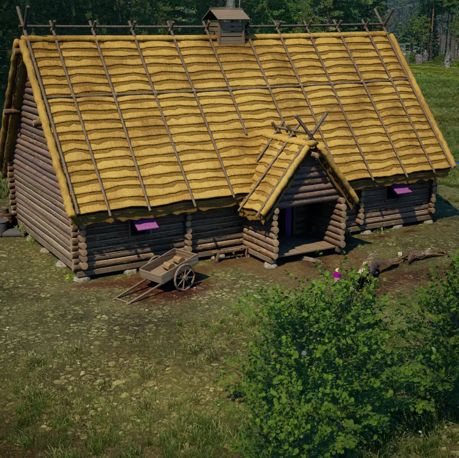 A long log hall with a deep yellow straw roof, a porch and a small chimney; a hand cart stands by the wall.