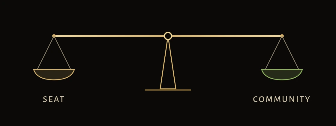 A balance scale in gold line, its beam level and its two pans hanging evenly: the seat on the left, the community on the right.