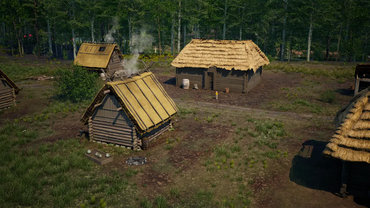 Small log houses with yellow straw roofs on trampled ground at a forest's edge; smoke rises from a chimney.